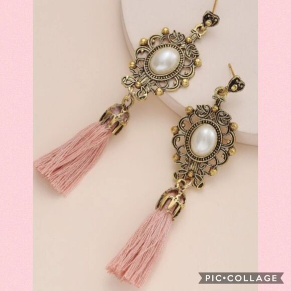 New Boho Pink Tassel Pearl Drop Earrings - Picture 2 of 4